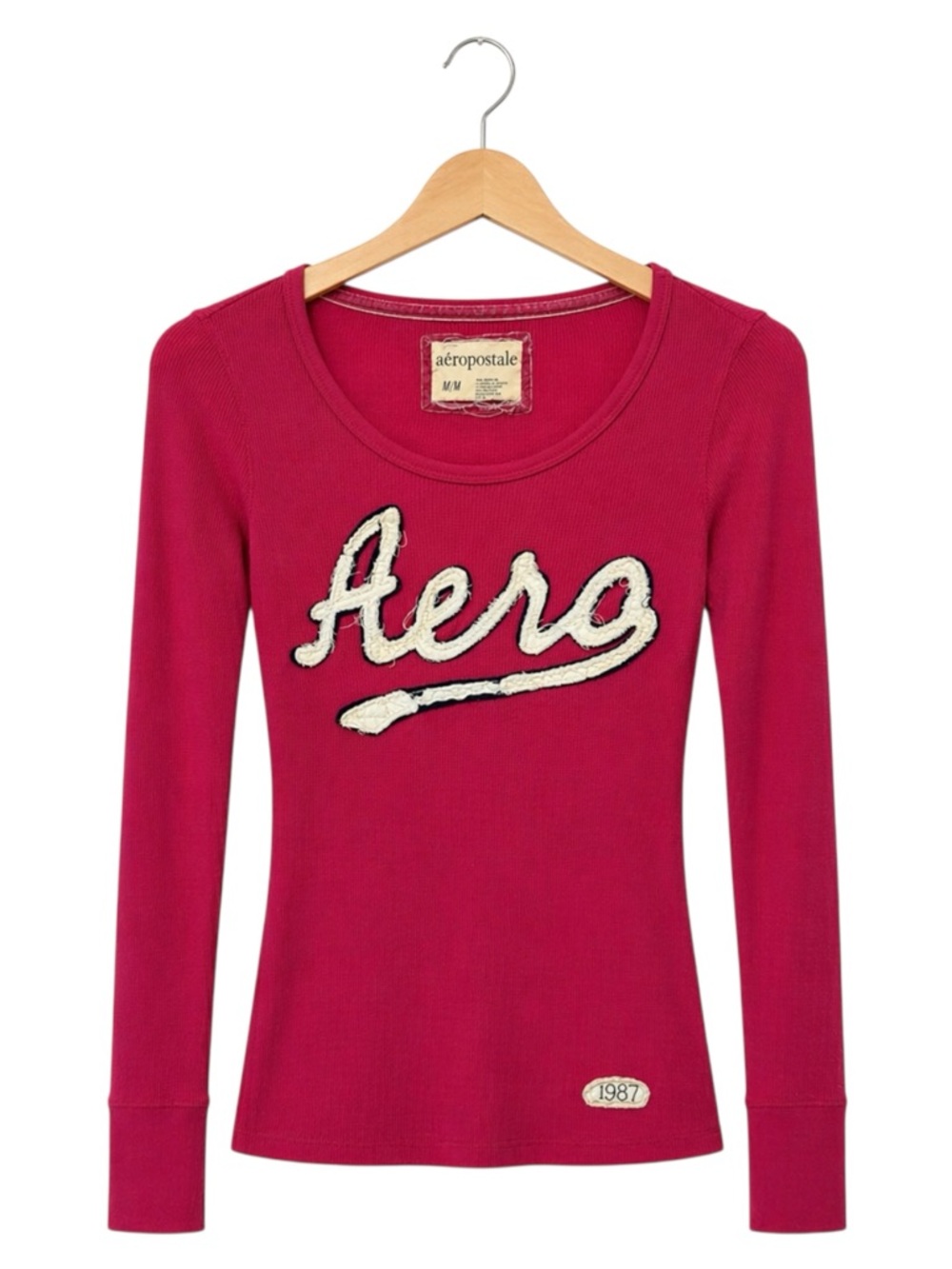 Aeropostale Womens Y2K Waffle‎ Knit Pullover Thermal Top Medium Spellout Preppy
